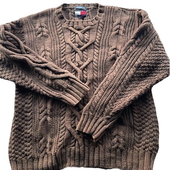 Vintage Tommy Hilfiger Men’s Sz XL Cable Knit Sweater Full Brown Pullover Heavy - Picture 1 of 15